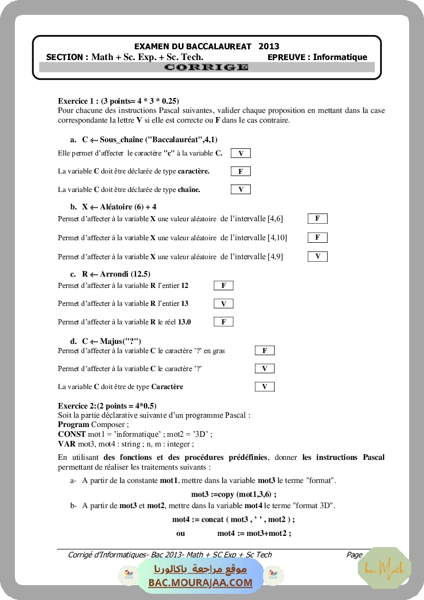 Corrigé principale info Bac 2013 – Section math